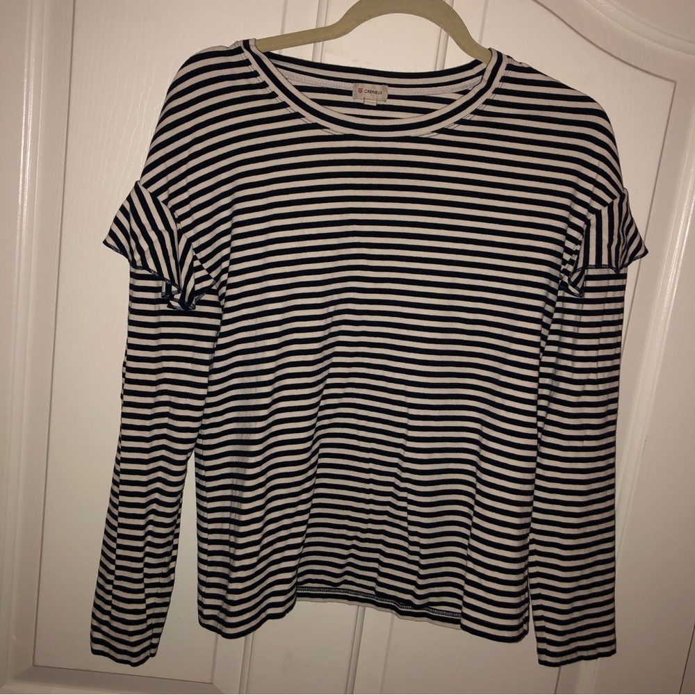 Cremieux Navy Blue & Cream Striped Ruffle Long Sleeve Shirt L